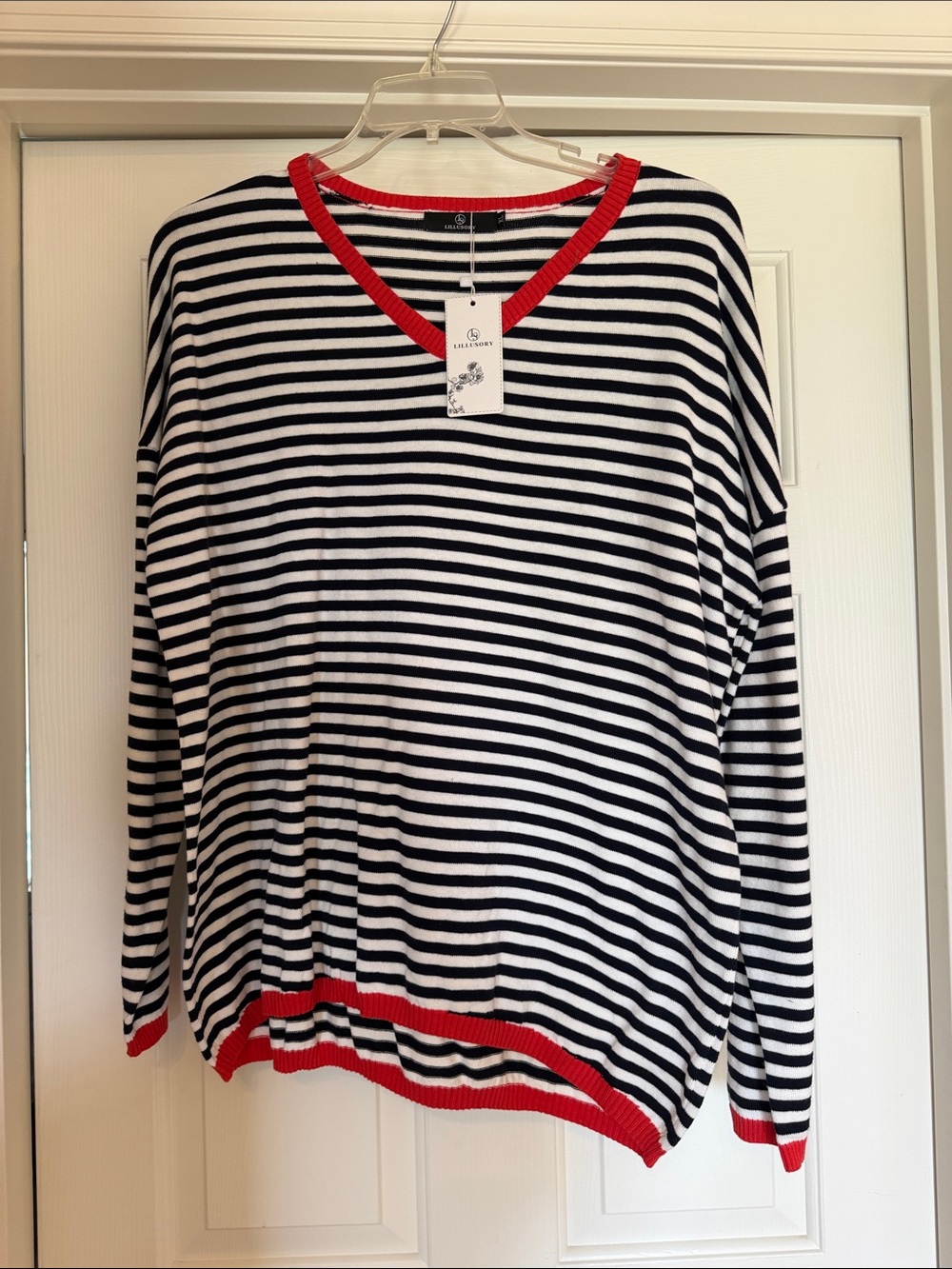 Striped V-Neck Sweater with Red Trim by Coldwater Creek